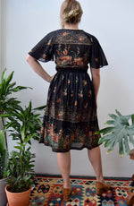 Seventies Black Flutter Sleeve Floral Dress