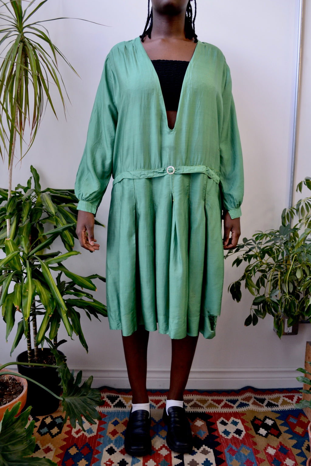 Twenties Green Silk Drop Waist Dress