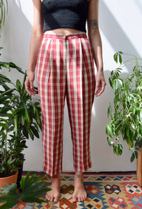 Red Plaid Linen Blend Trousers