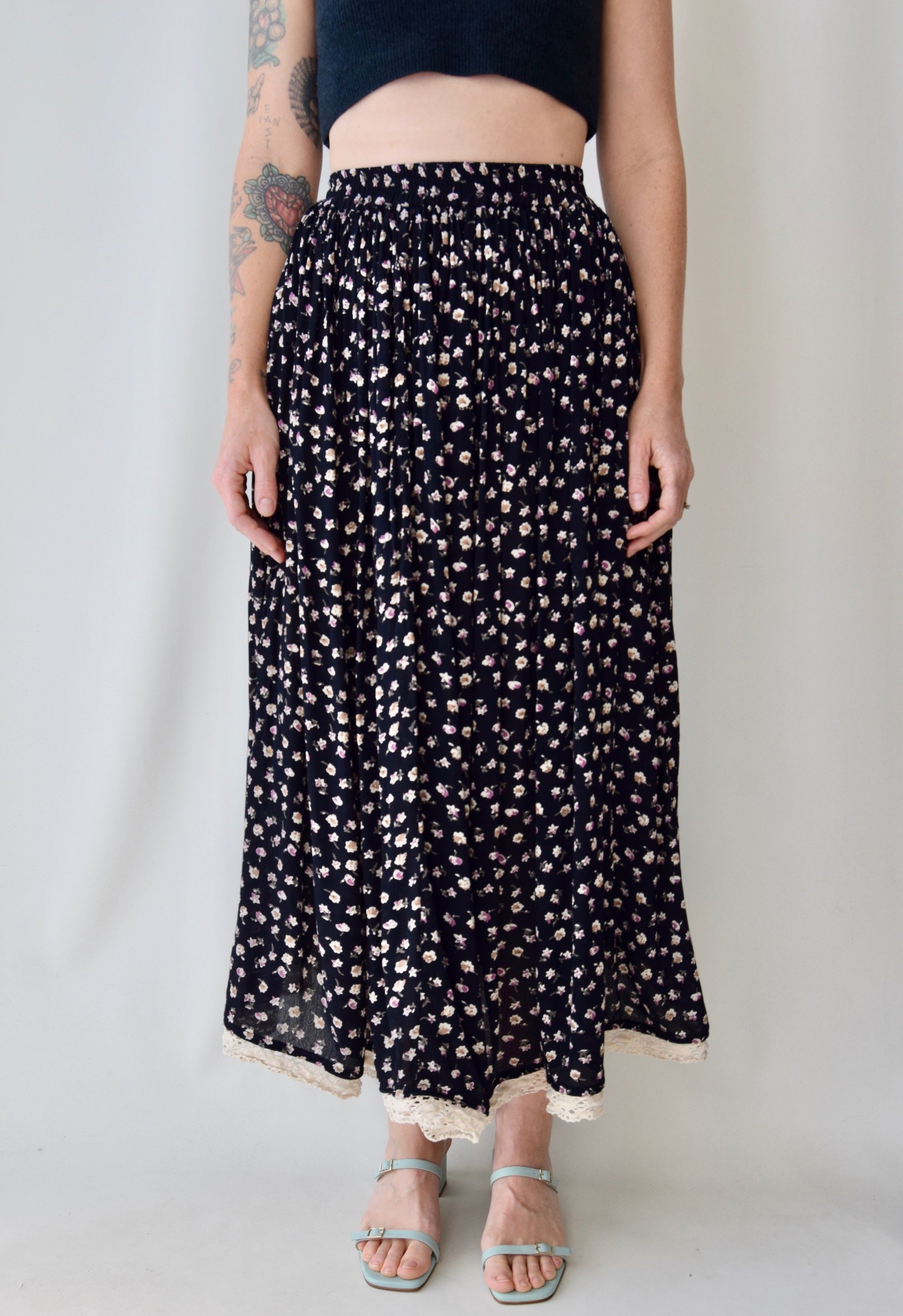 Floral Black Rayon Crocheted Hem Maxi Skirt