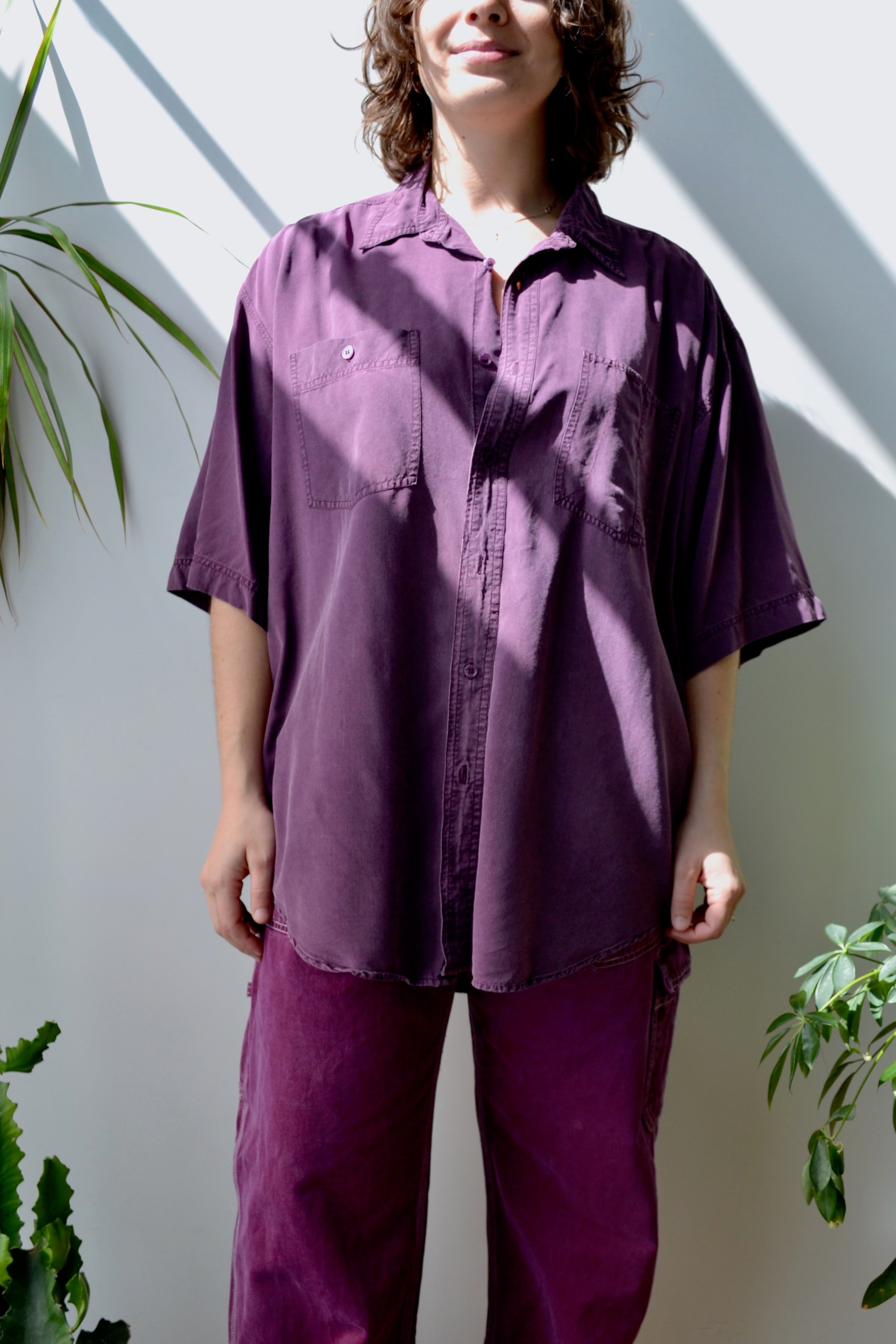 Purple Silk Short Sleeve Button Up