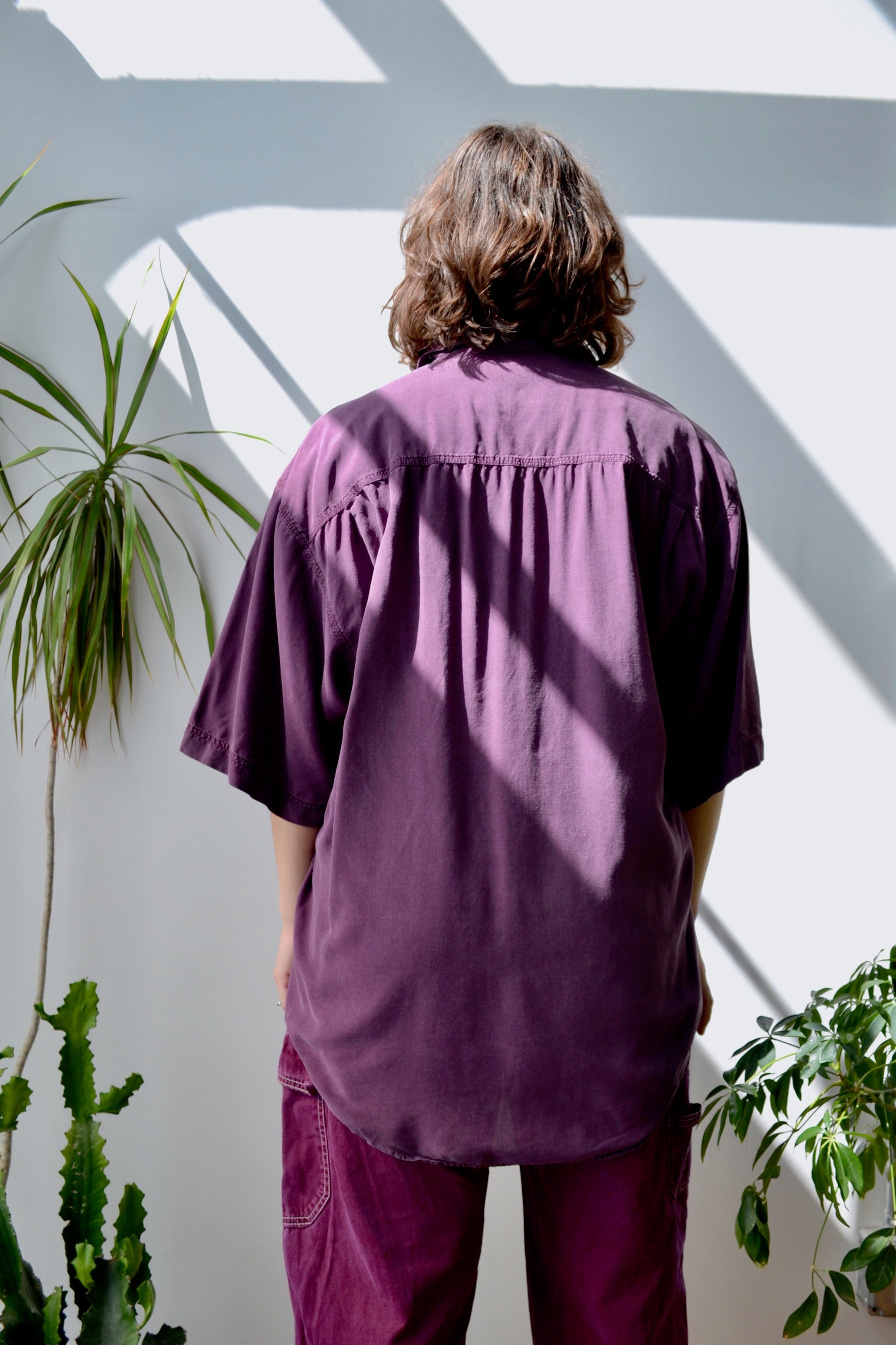 Purple Silk Short Sleeve Button Up