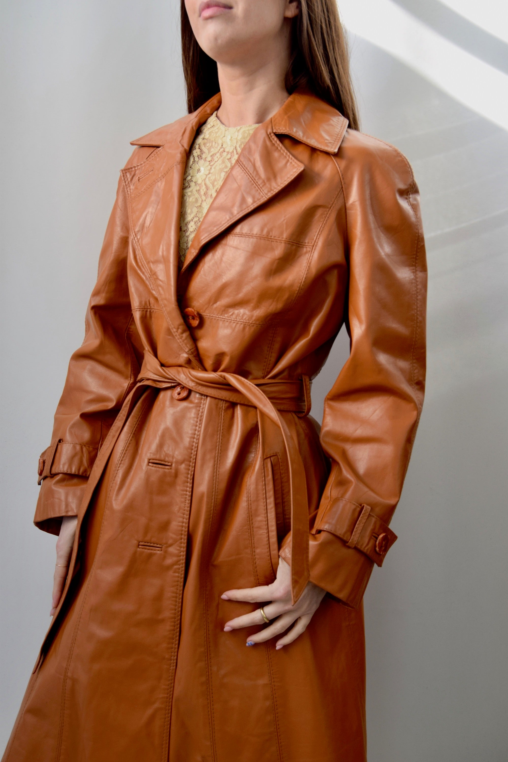Seventies Ginger Leather Trench Coat