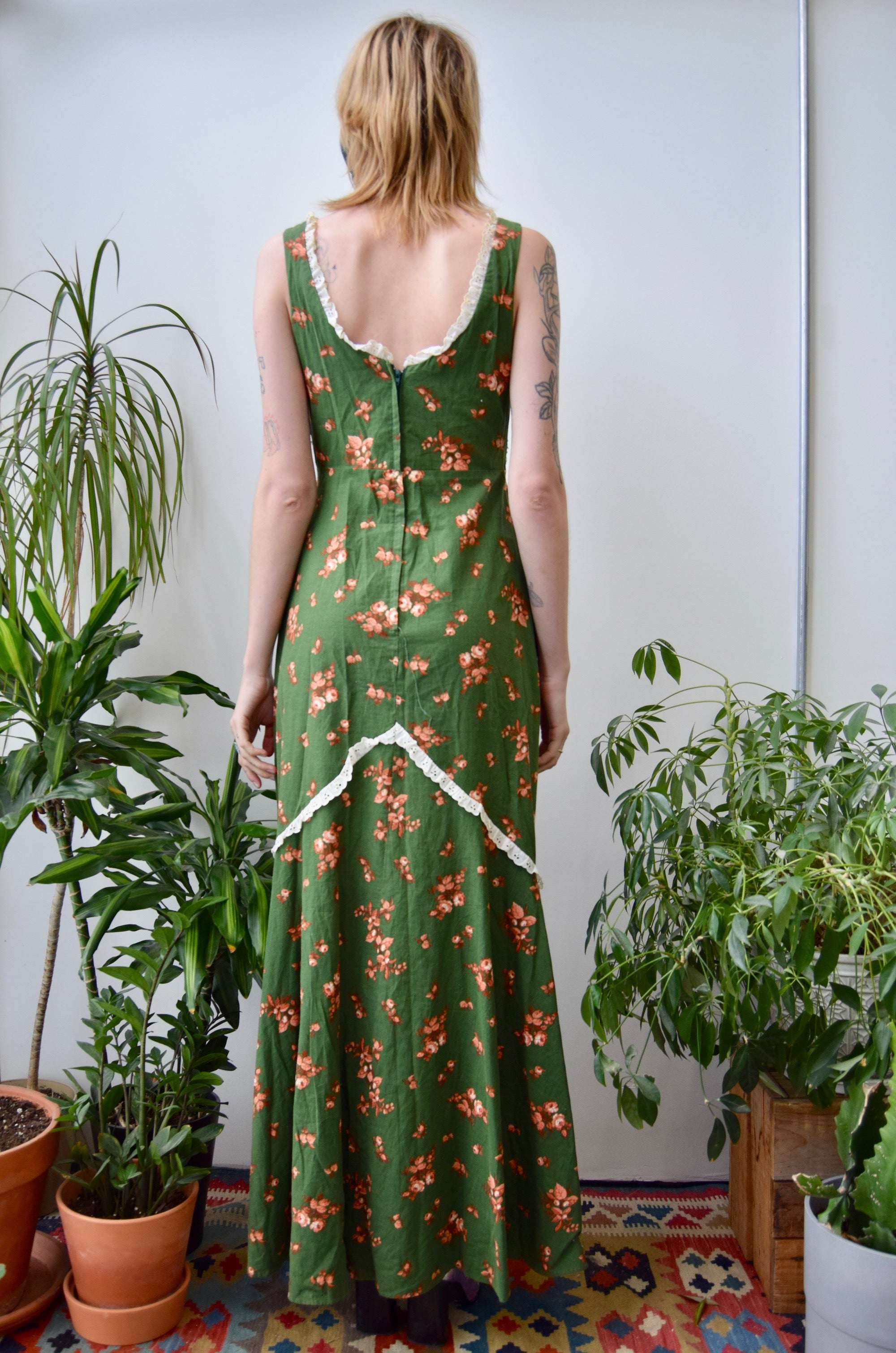 Seventies Olive Floral Maxi Dress
