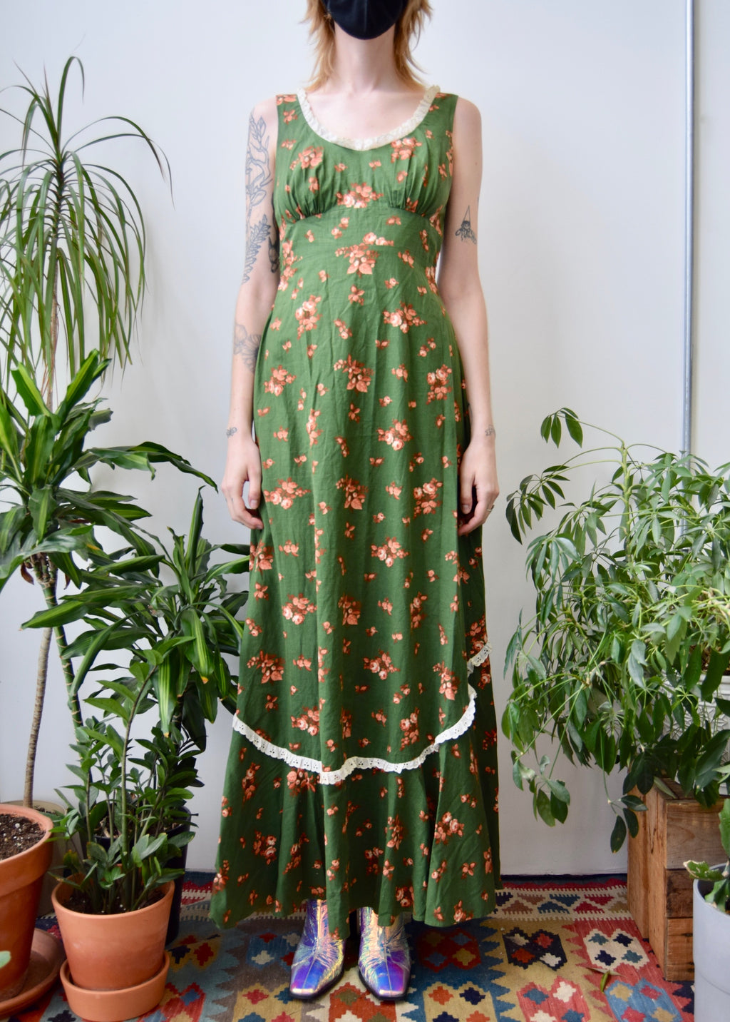 Seventies Olive Floral Maxi Dress