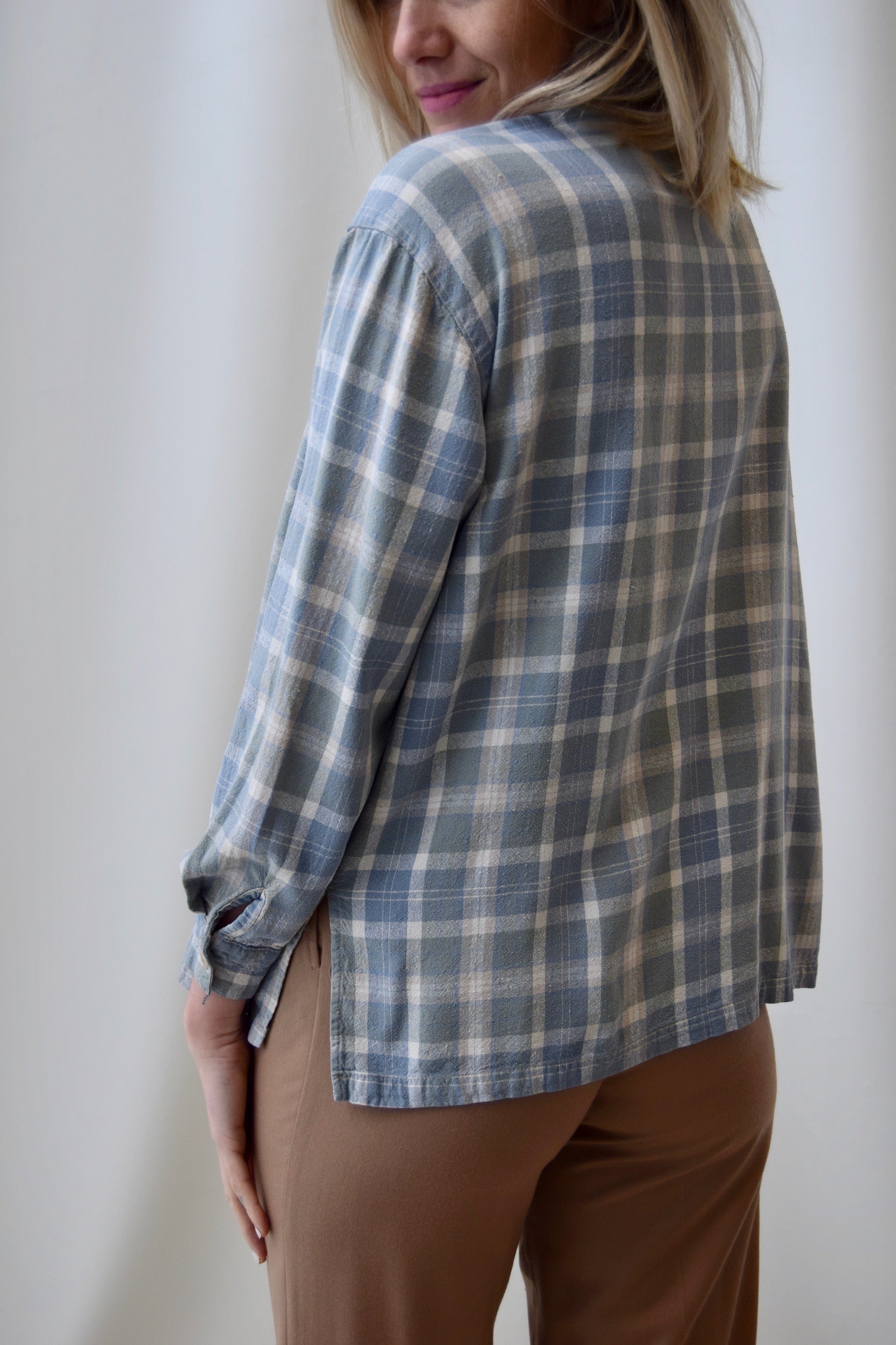 Raw Silk Pastel Plaid Long Sleeve Button Up