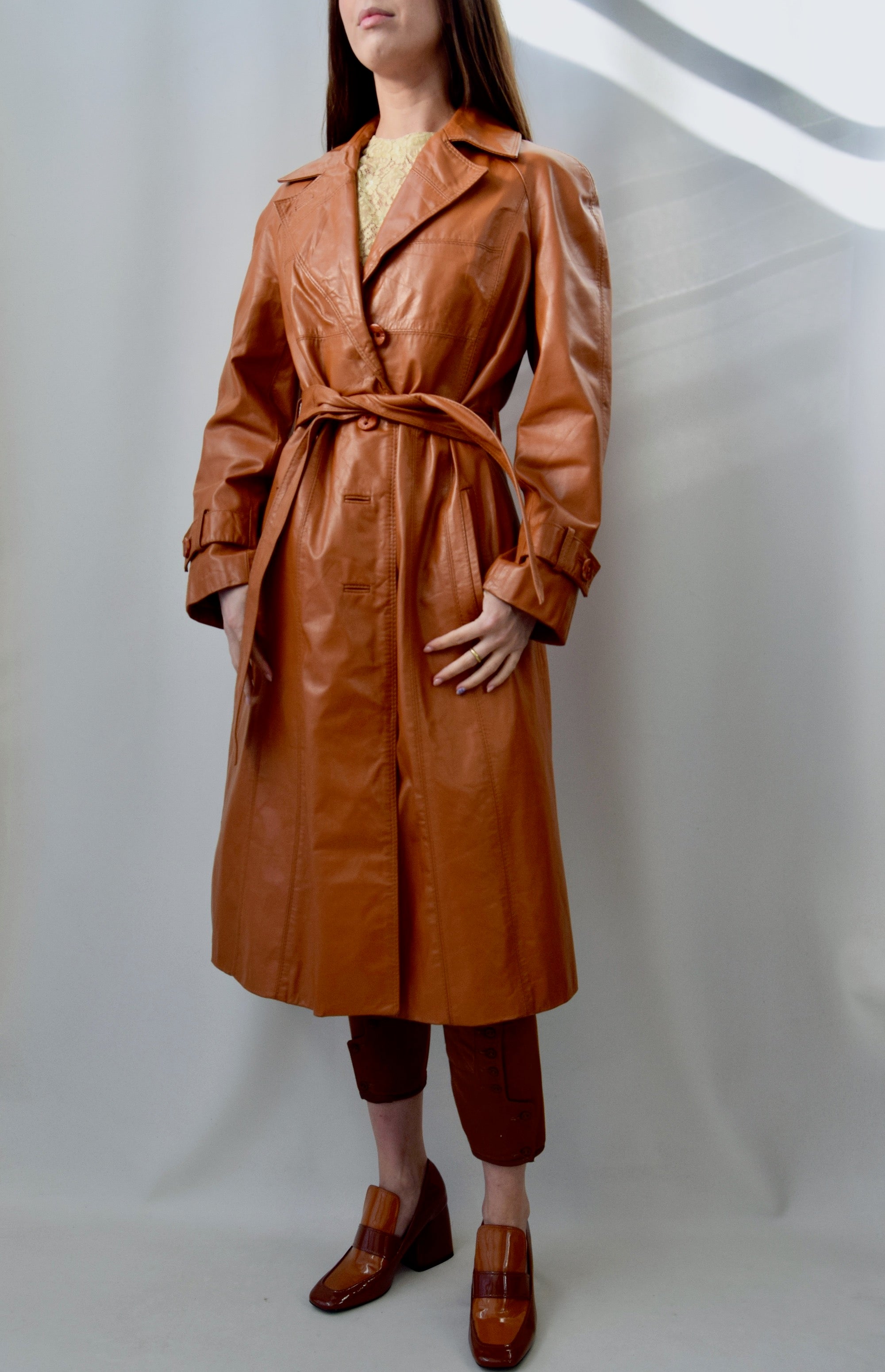 Seventies Ginger Leather Trench Coat
