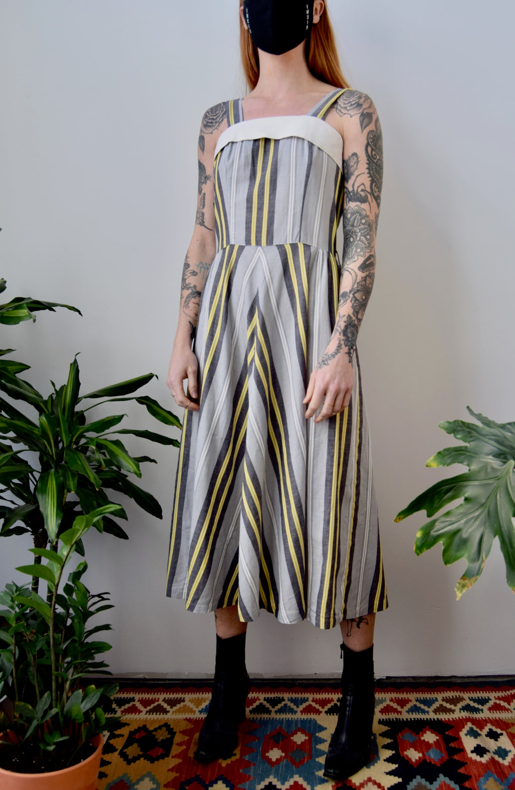 Vintage Grey & Yellow Striped Summer Dress