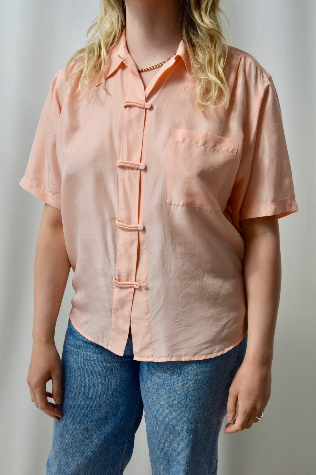 Soft Peach Silk Top With Loop Button Detail