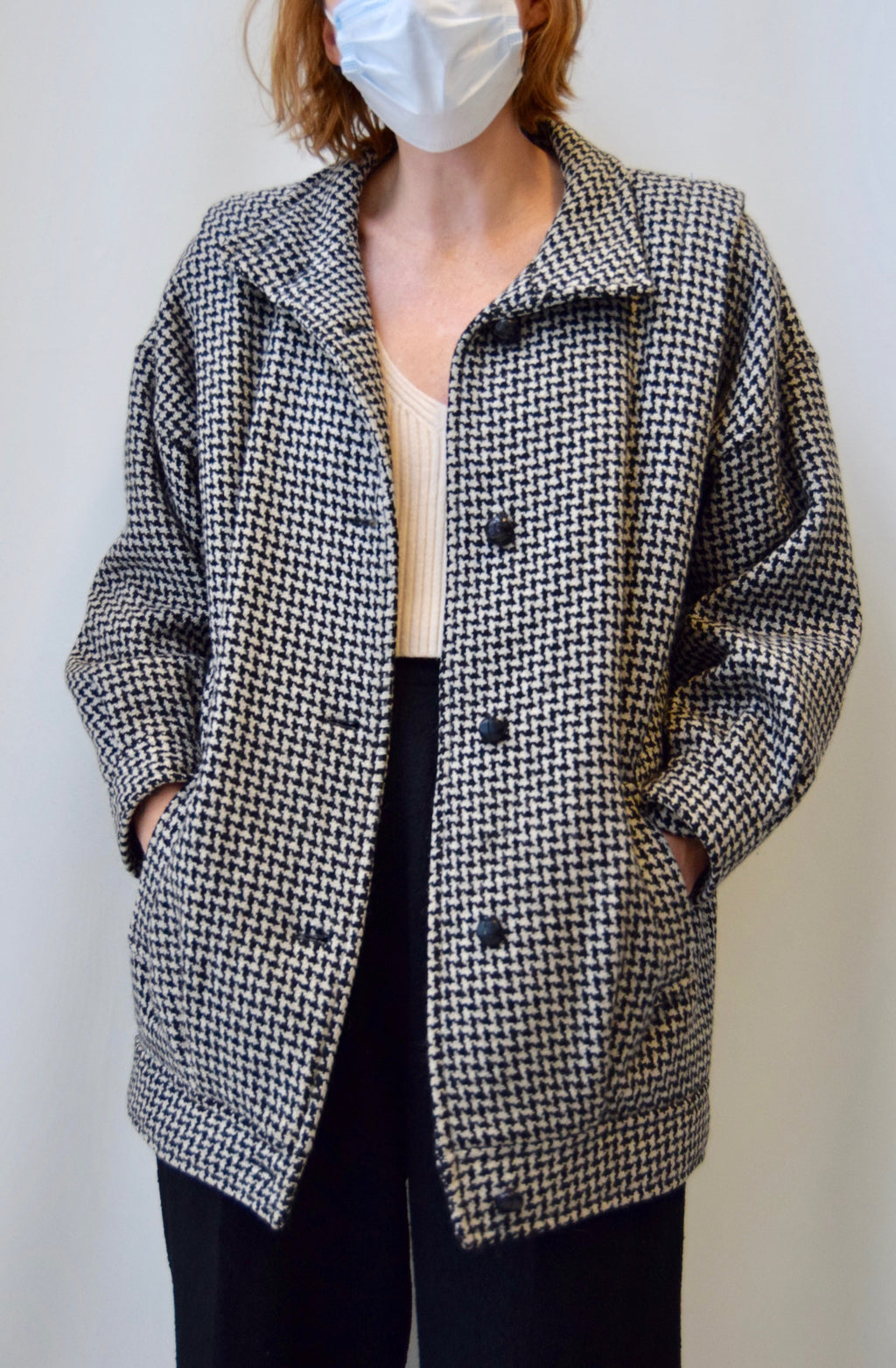 Eighties Black and White Chevron Wool Coat