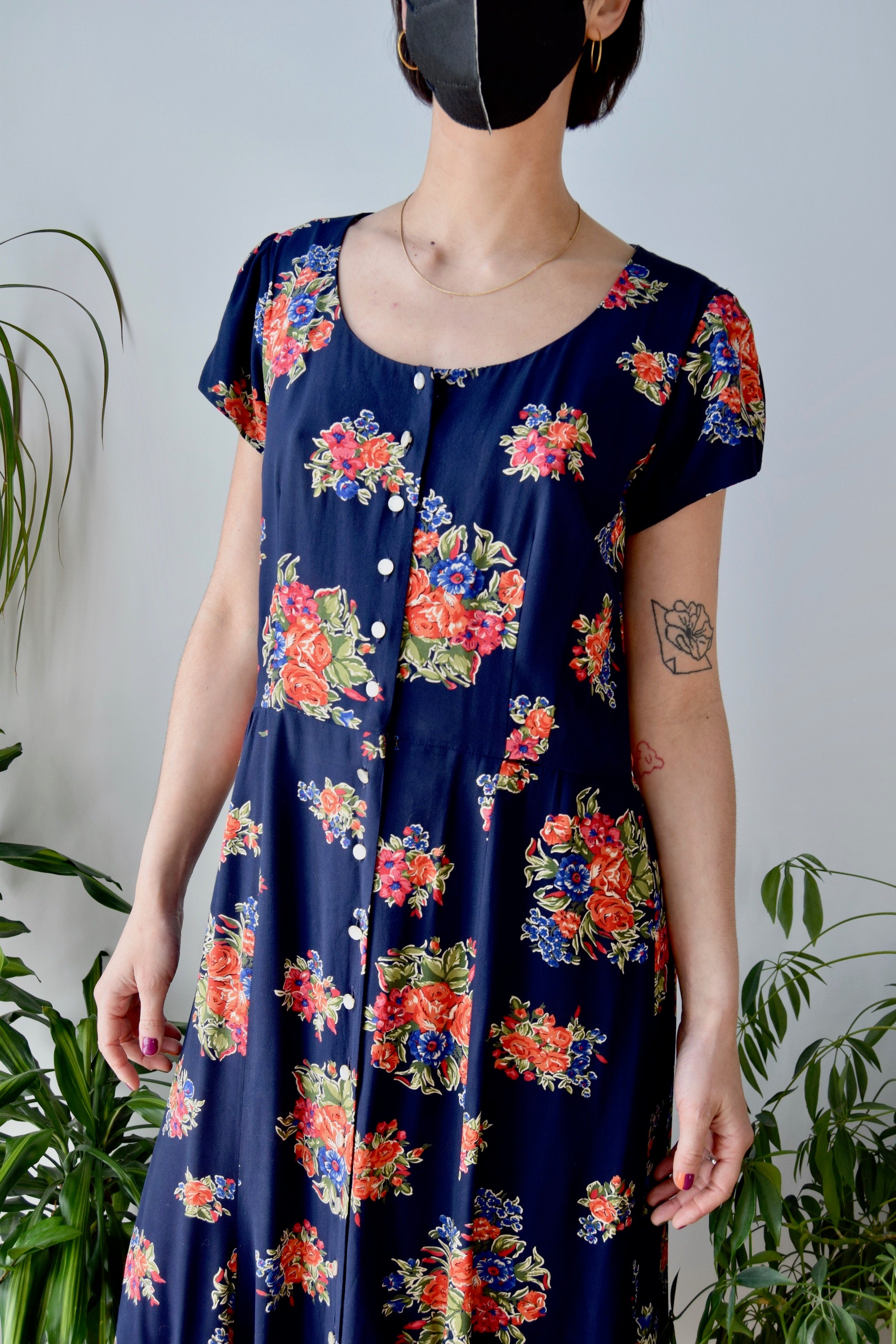 Navy Floral Rayon Midi Dress