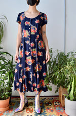 Navy Floral Rayon Midi Dress