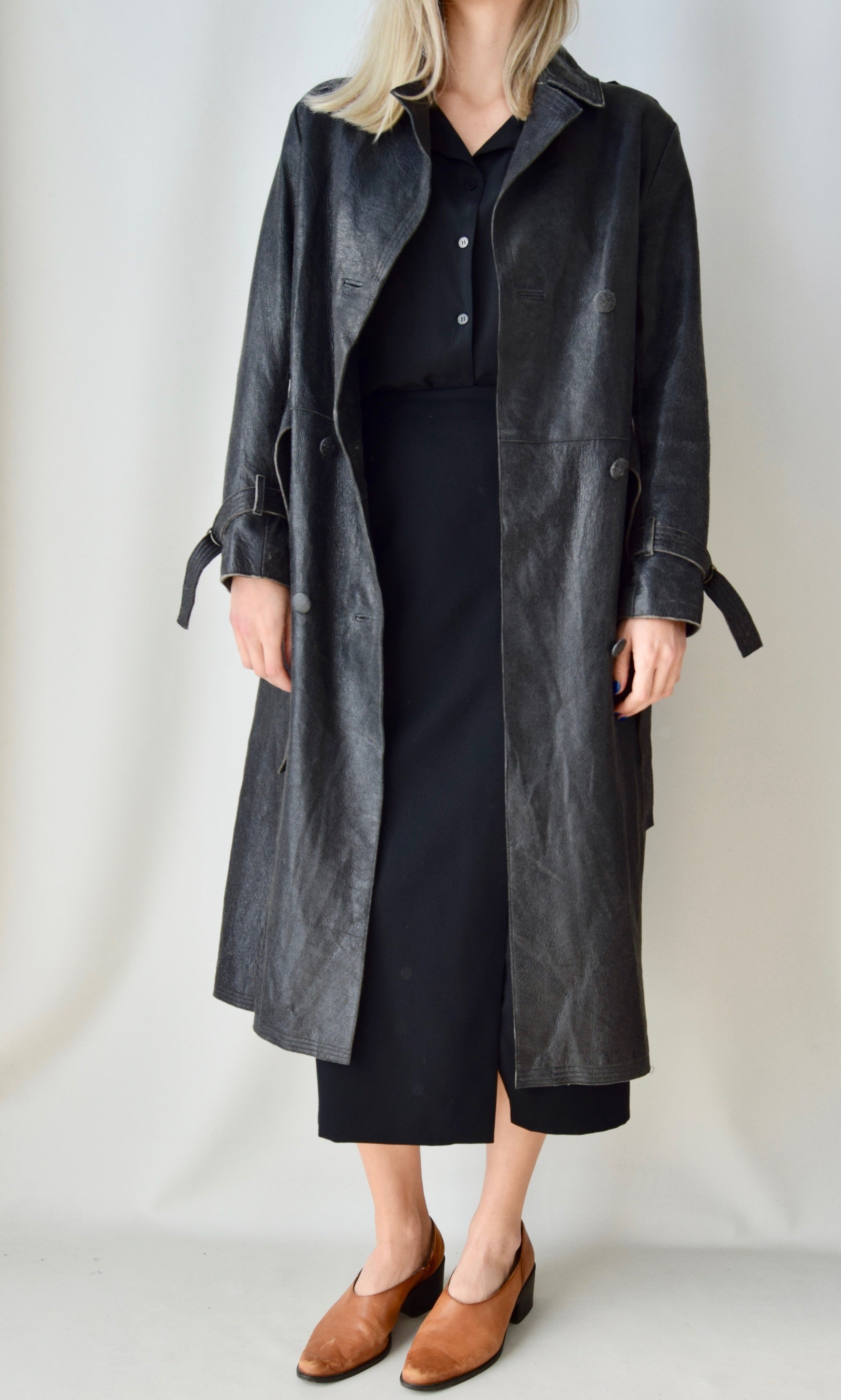 Distressed Effect Leather Trench