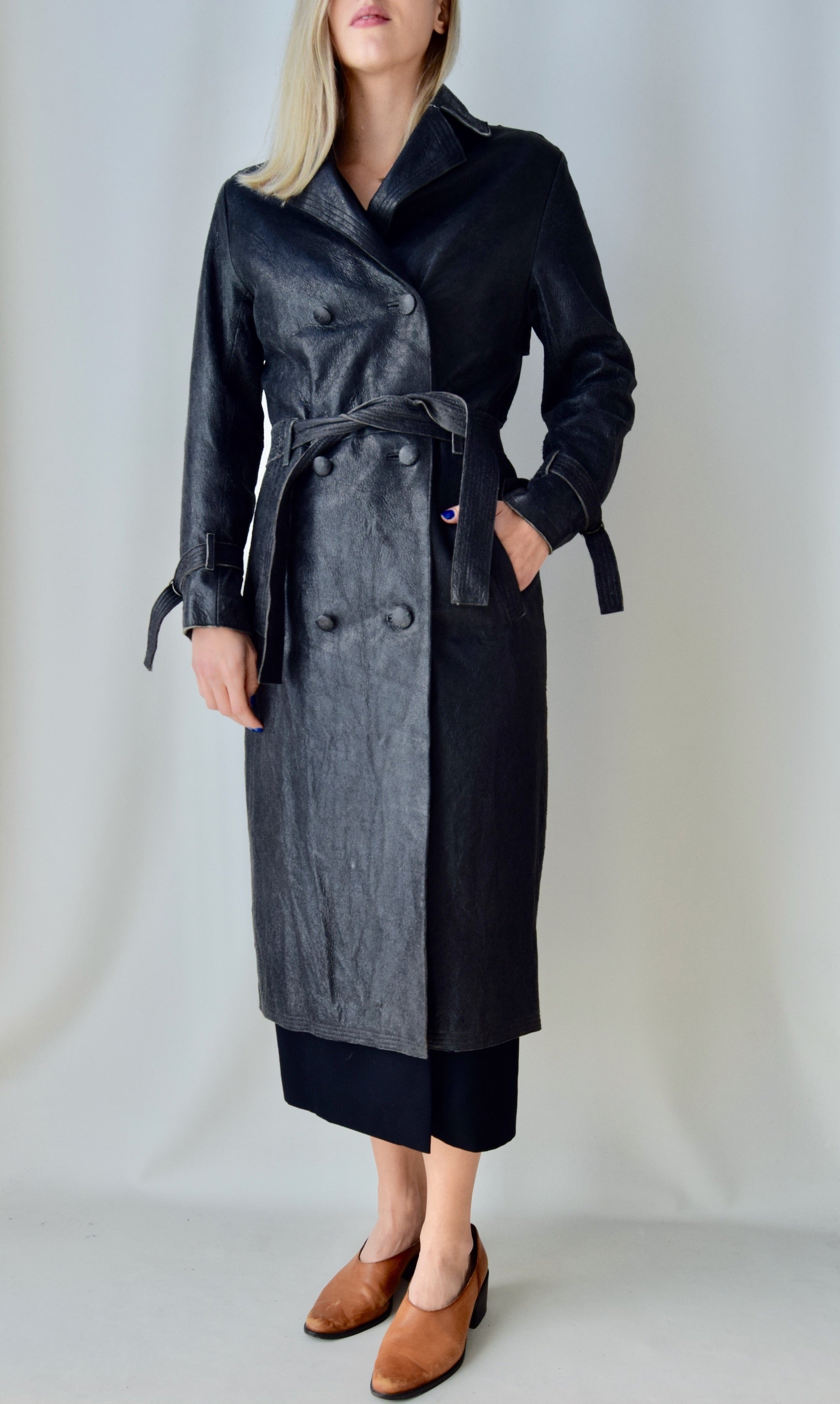 Distressed Effect Leather Trench