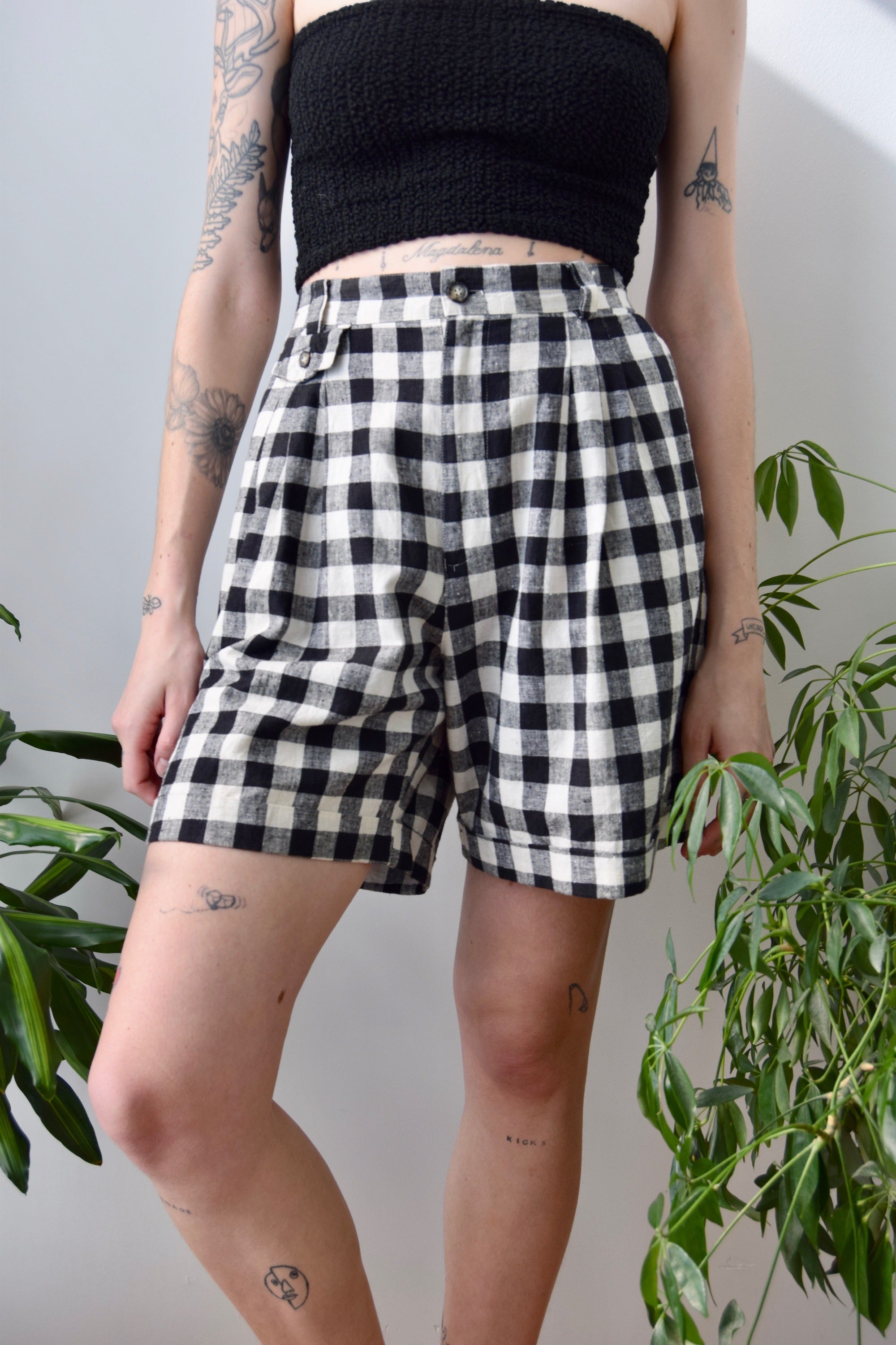 Black and White Gingham Linen Trouser Shorts