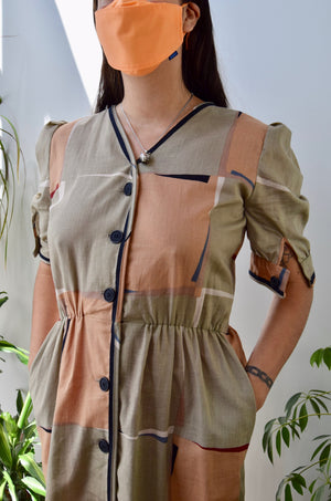 Eighties "Albert Nipon" Neutral Abstract Shirtdress