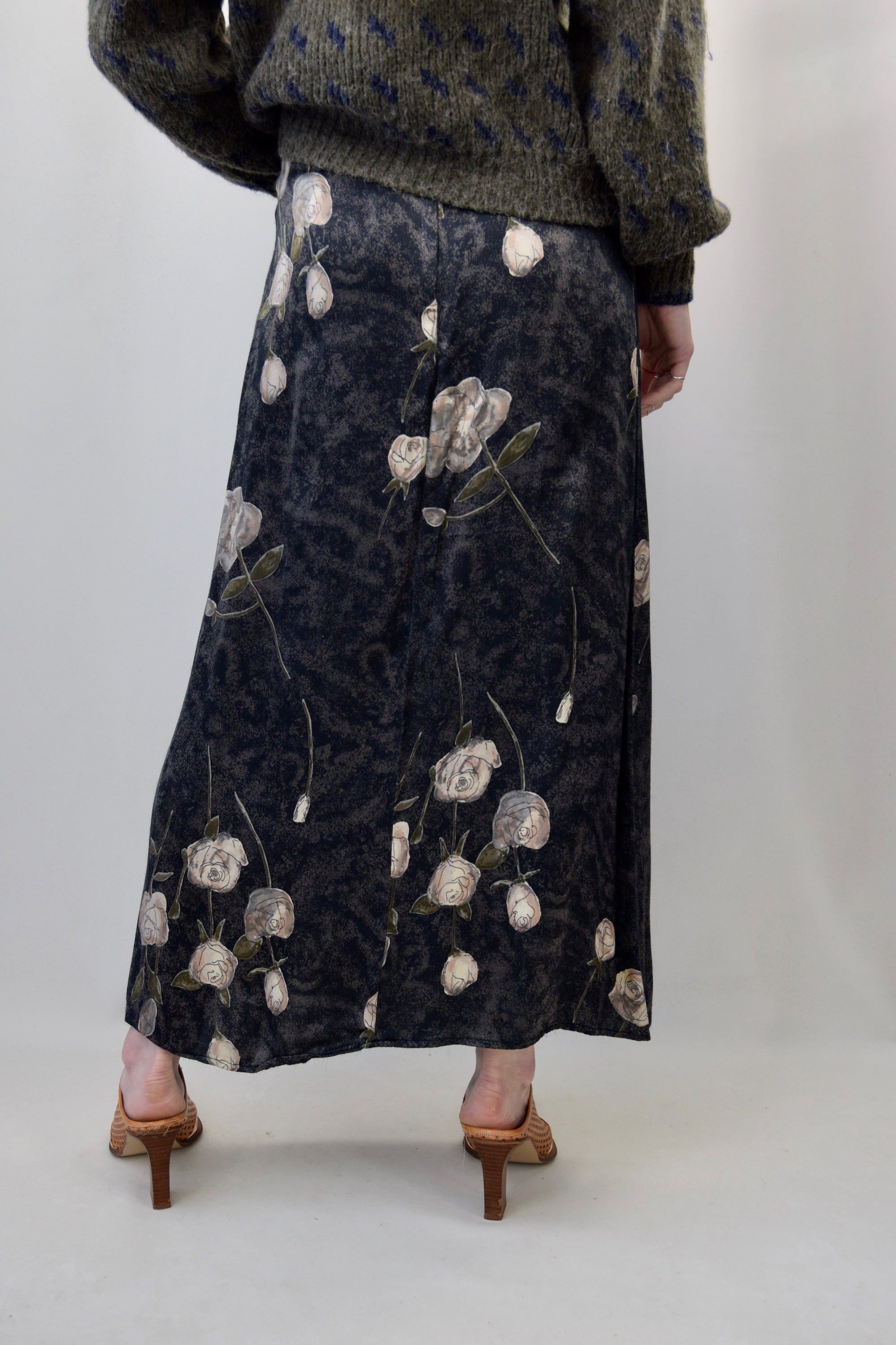 Nineties Charcoal Rose Rayon Skirt