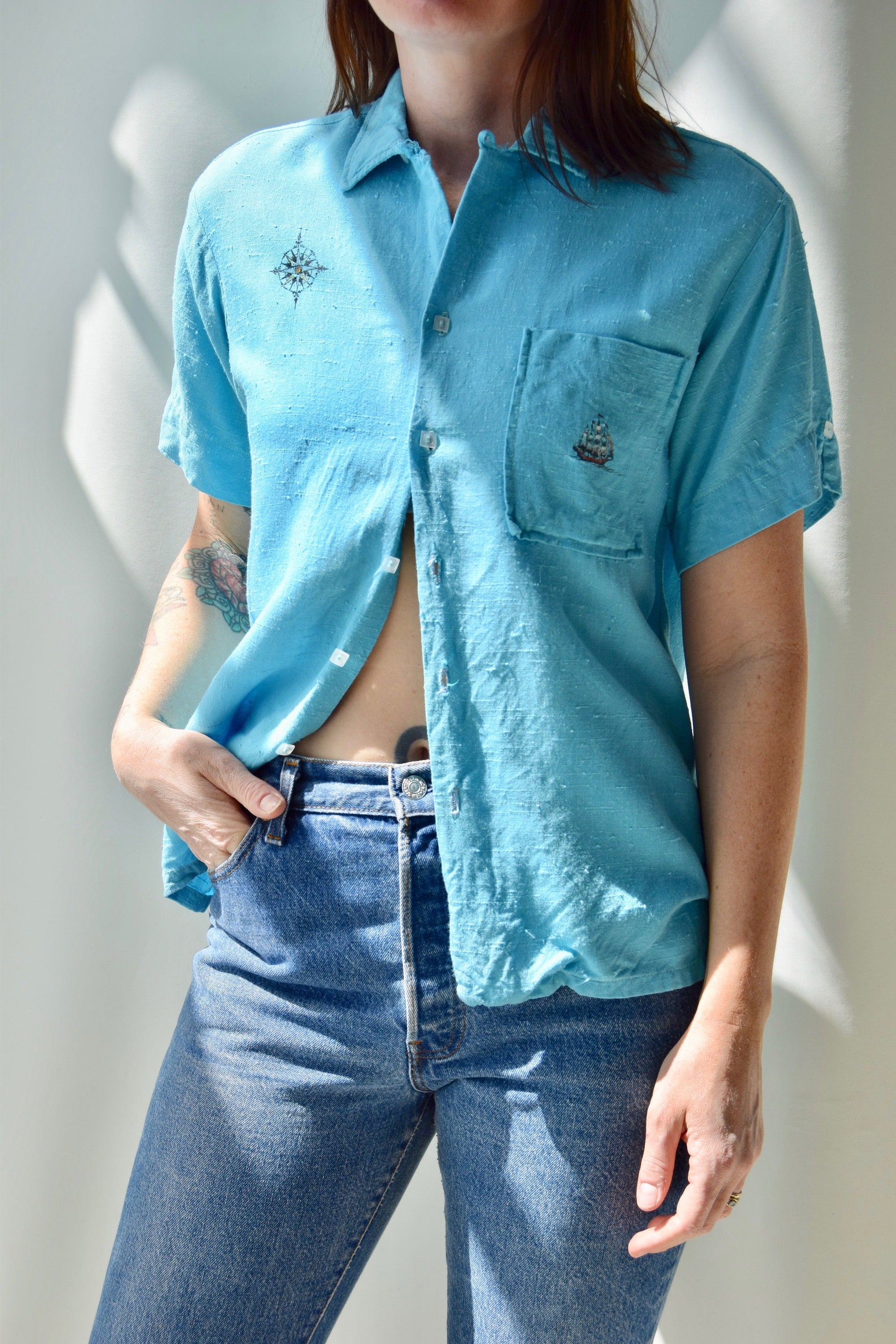1950's Turquoise Nautical Button Up