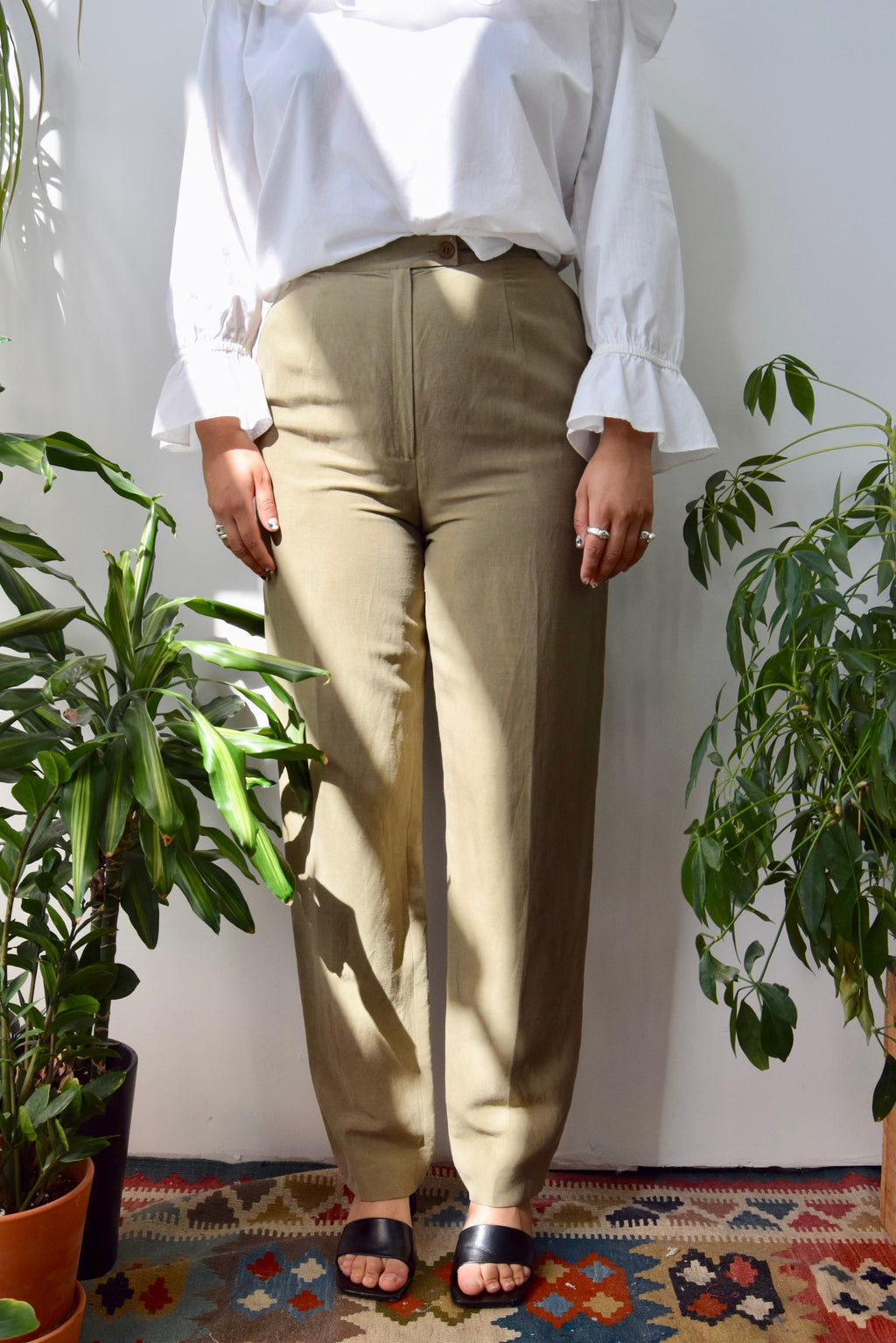 Olive Silk and Linen Trousers