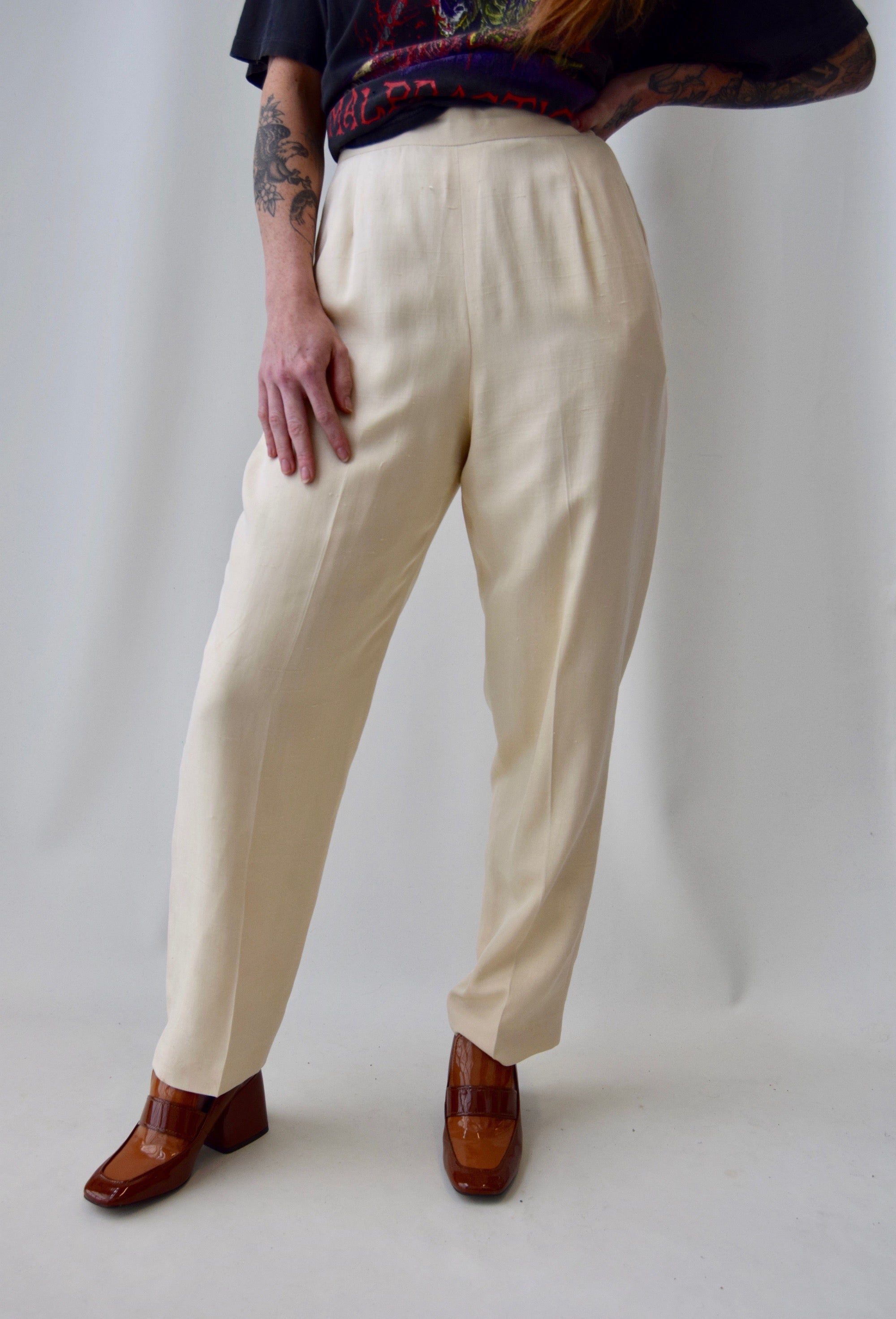 Ivory Raw Silk High Waisted Trousers