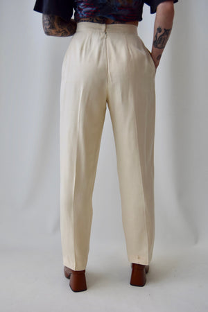 Ivory Raw Silk High Waisted Trousers