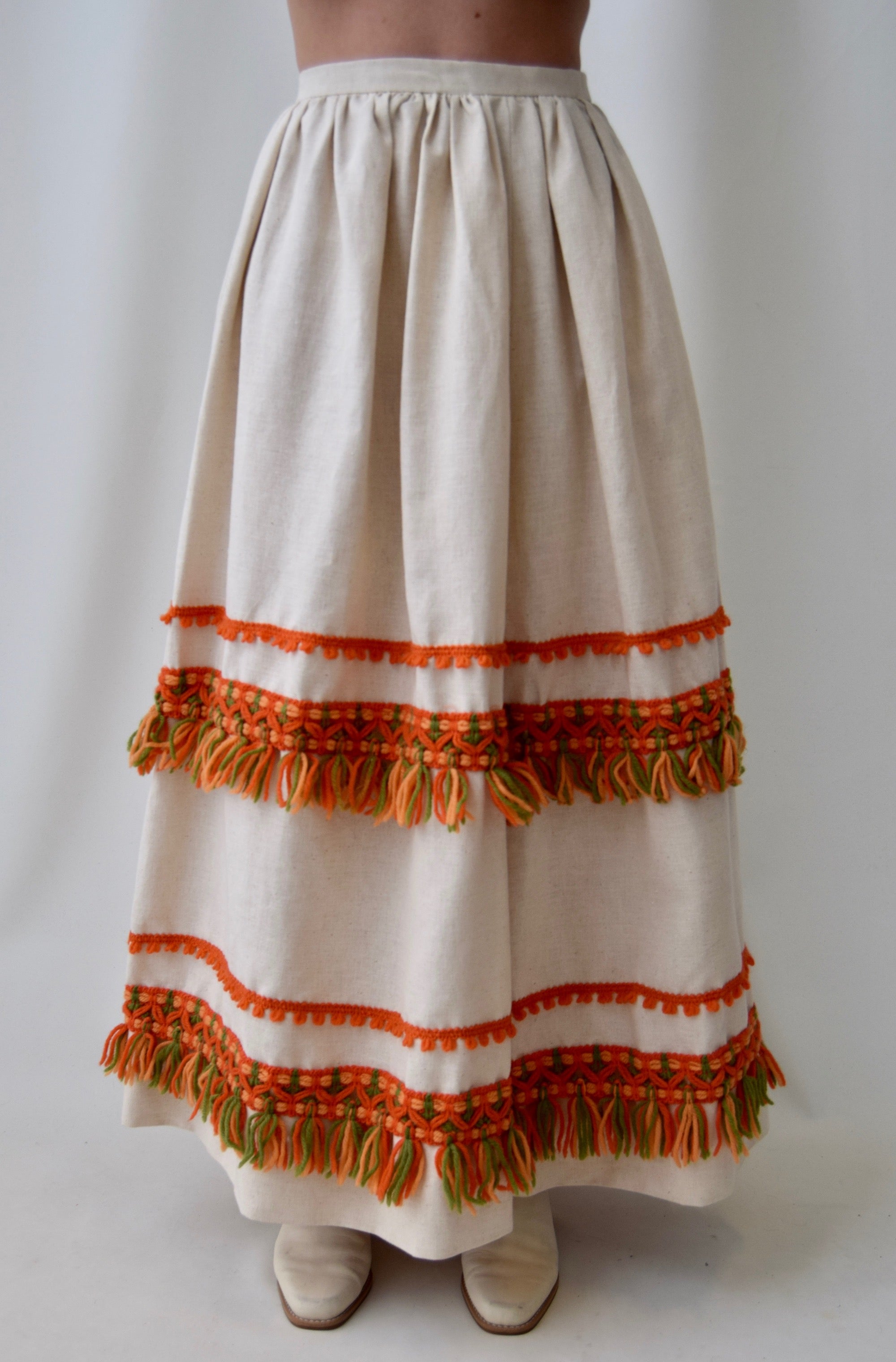 Linen Blend Yarn Embroidered Maxi Skirt