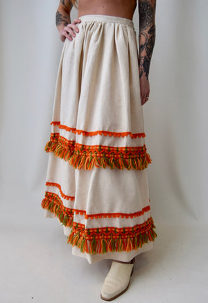 Linen Blend Yarn Embroidered Maxi Skirt
