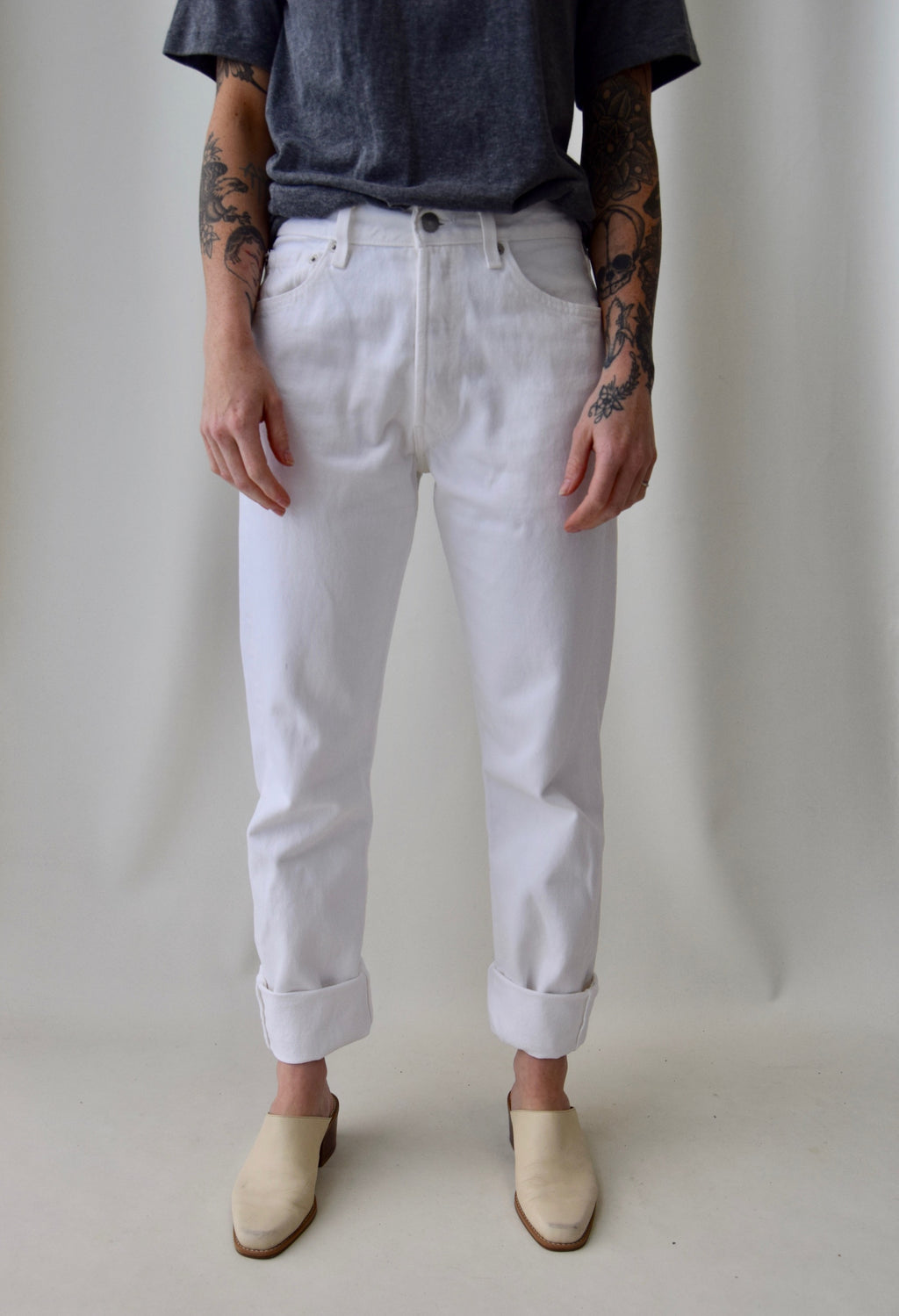 Levis White Button Fly 501 Jeans