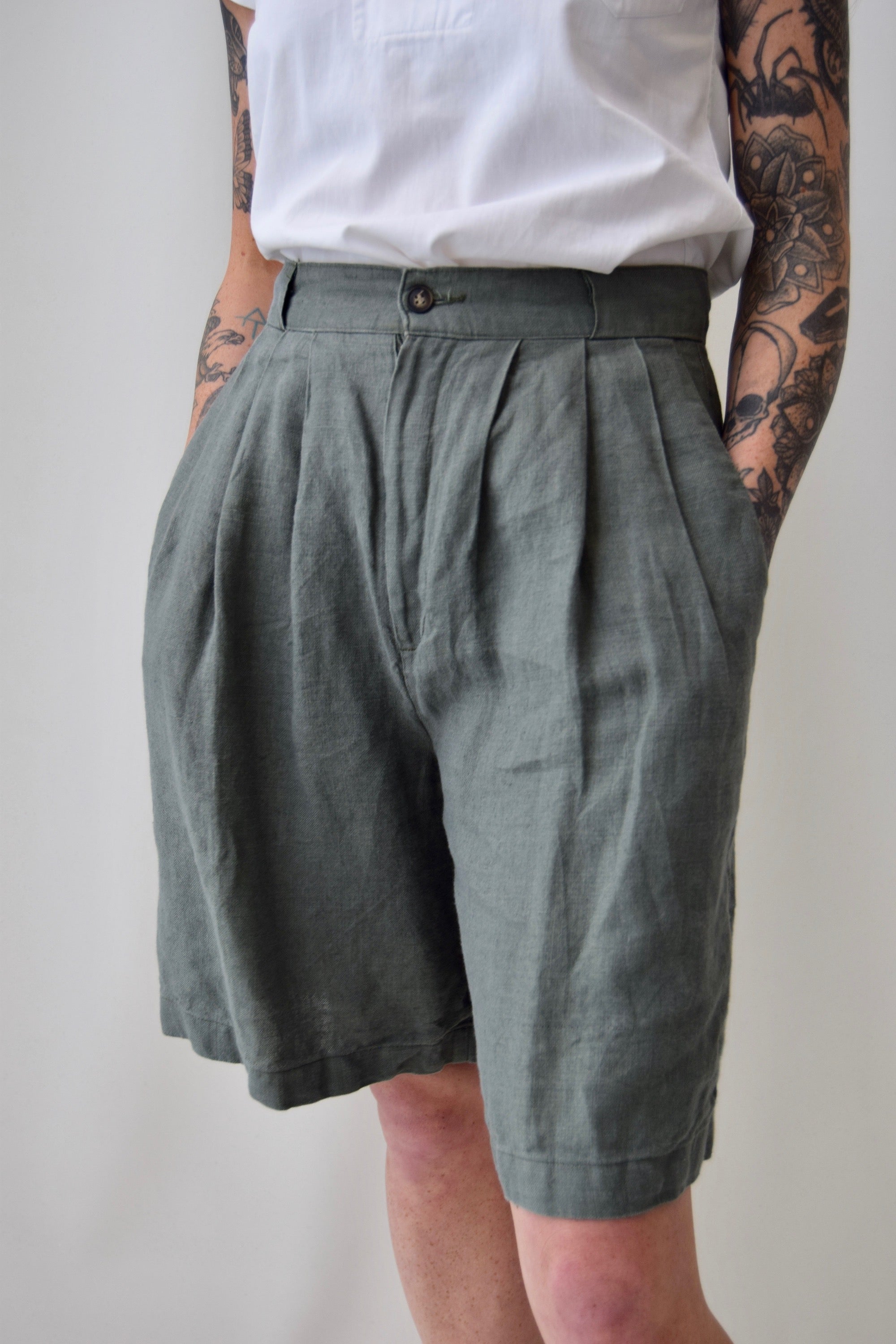 Olive Linen Trouser Shorts